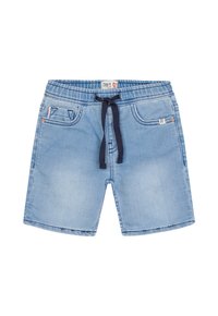 Jasnoniebieskie szorty jeansowe z elastycznym pasem i granatowym sznurkiem, dwiema przednimi kieszeniami oraz ozdobnym przeszyciem.