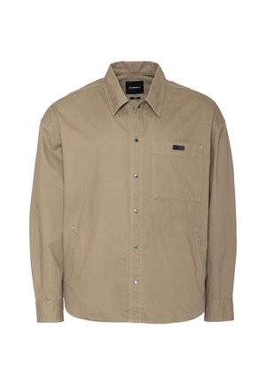 Camicia kaki con bottoni, realizzata in cotone, con colletto appuntito, taschino sul petto e chiusure a pressione. Presenta maniche lunghe e vestibilità comoda.