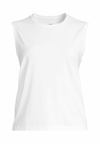 Biała bezrękawnikowa koszulka z lekkiego materiału. Prosty okrągły dekolt, gładka tekstura, brak widocznych logo czy wzorów.