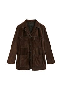 Giacca scamosciata marrone scuro con colletto, quattro bottoni anteriori, due tasche a soffietto sul petto e due ampie tasche applicate inferiori.