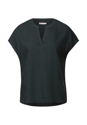 Schwarze, kurzärmelige Bluse mit V-Ausschnitt und lockerer Passform. Hergestellt aus glattem Stoff, mit abgerundetem Saum und minimalen Stickdetails.