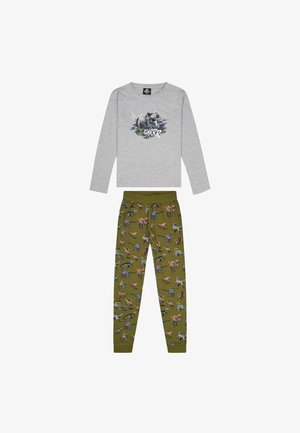 Haut gris à manches longues avec un graphique de chien et le mot "ROARRR" assorti à un pantalon de pyjama vert olive orné de divers motifs d'animaux.