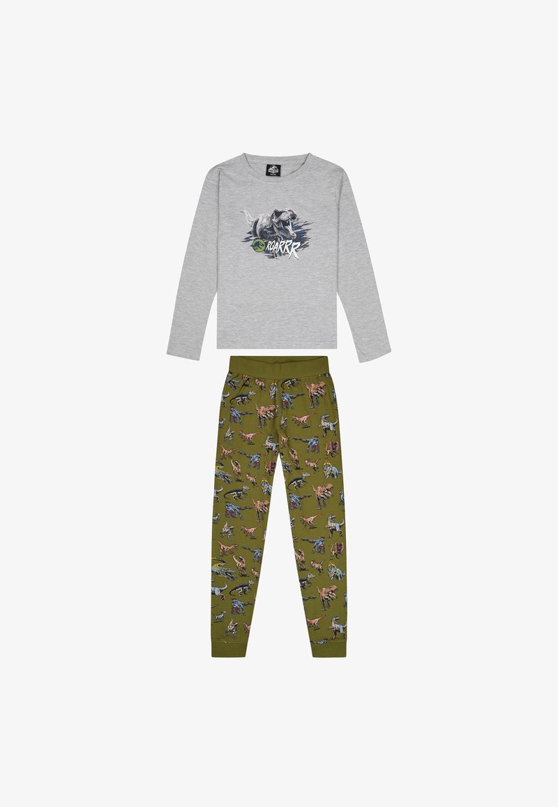 Graues Langarmshirt mit einem Hundegrafik und dem Wort "ROARRR", kombiniert mit olivgrünen Schlafanzughosen mit verschiedenen Tiermotiven.