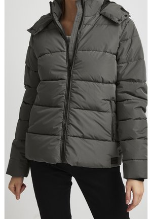 Persoon die een grijze donzen jas draagt met een rits aan de voorkant en zijzakken, gecombineerd met een zwarte broek, tegen een effen achtergrond.