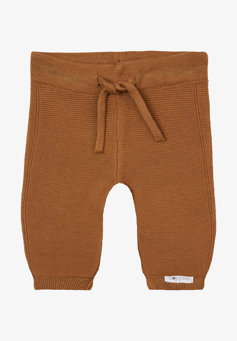Gebreide peuterbroek in warm bruin, met een trekkoord in de taille, ribgebreide enkels en een gestructureerde weving. Logo tag aan de zijkant.