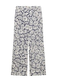 Floral print wide-leg trousers in navy and white, featuring a high waist, a zipper closure, and a smooth cotton fabric texture.