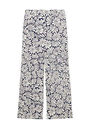 Floral print wide-leg trousers in navy and white, featuring a high waist, a zipper closure, and a smooth cotton fabric texture.