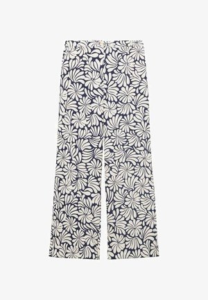 Blommönstrade vida byxor i marinblått och vitt, med hög midja, dragkedjestängning och en slät bomullstextur.