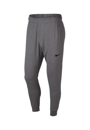 Pantalons de sport gris fuselés avec une taille élastique et des poignets, présentant un petit logo Nike en forme de virgule noir sur la cuisse supérieure gauche.