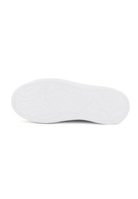 Suela de zapatilla blanca con patrones texturizados, que presentan formas de estrellas y diseños en zigzag. Material de goma lisa, punta redondeada y tacón plano.