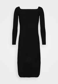 Robe midi noire ajustée à manches longues avec un décolleté carré et un ourlet droit sur un fond blanc uni.