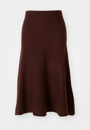 Falda marrón de lana merino, forma en A, textura suave, hasta la rodilla con un dobladillo acampanado, costuras mínimas, adecuada para uso casual.
