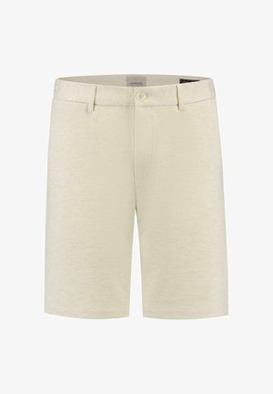 Bežové šortky vyrobené z textúrovanej tkaniny, s uzávere na gombík a zips, bočnými vreckami a čistým, jednoduchým dizajnom bez vzorov.