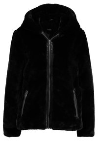 Schwarze Kunstpelzjacke mit Kapuze, Frontreißverschluss und seitlichen Reißverschlusstaschen. Weicher Textur und lässige Passform, geeignet für Freizeitkleidung.