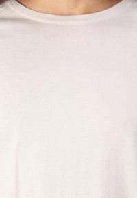 Hellgraues Baumwoll-T-Shirt mit rundem Halsausschnitt, glatter Textur und ohne sichtbare Muster oder Akzente. Einfaches und minimalistisches Design.
