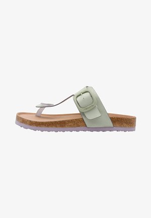 Mauve flip-flop sandal with a cork footbed, featuring a green strap with a square buckle. Textured outsole for grip.