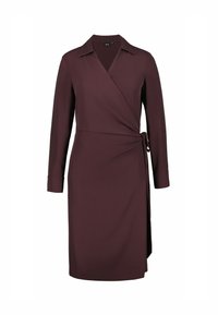 Wickelkleid in tiefem Burgunderrot, mit langen Ärmeln, Kragen, seitlichem Bindeband, aus glattem Stoff mit taillierter Silhouette und mittellangem Saum.