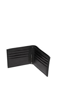 Portefeuille en cuir noir pliant ouvert, montrant six emplacements pour cartes, trois poches plus grandes et un clip à billets en métal à l'intérieur.