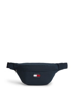 Sac banane Tommy Jeans bleu marine avec poche avant zippée et sangle ajustable, affichant le logo de la marque en rouge, blanc et bleu.