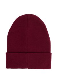 Bordowy dzianinowy beret z podwiniętym mankietem, o prążkowanej fakturze i zaokrąglonym wierzchu, wykonany z miękkiego, elastycznego materiału.