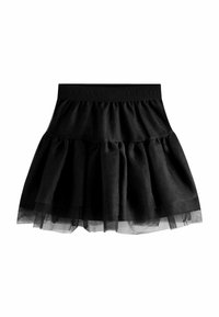 Gonna di tulle nera a strati con una ampia vita elasticizzata che presenta un marchio in rilievo. La gonna ha una texture fluida e semitrasparente.