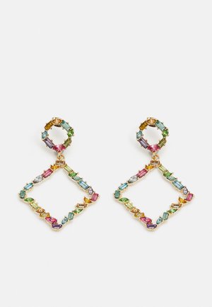 Gold-tone earrings featuring multiple colorful stones in various shapes, arranged in a diamond and circular design.