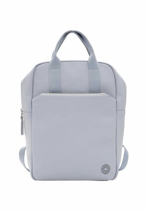Light grey backpack with a smooth synthetic exterior, dual top handles, adjustable straps, and a front zip pocket. Round logo accent on the side.