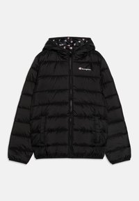 Black puffer jacket with a hood, horizontal quilted design, two side pockets, and a patterned interior featuring the Champion logo.