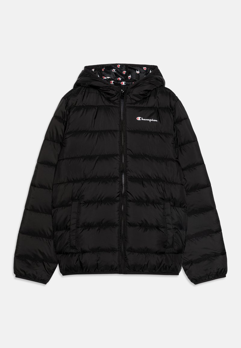 Black puffer jacket with a hood, horizontal quilted design, two side pockets, and a patterned interior featuring the Champion logo.