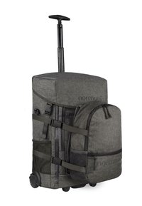 Rucksack mit Rollen aus grauem Stoff und einem ausziehbaren Griff. Verfügt über Kompressionsgurte, Netzfächer und einen abnehmbaren kleinen Rucksack.