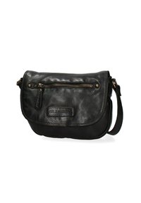 Borsa a tracolla nera in pelle con tasca frontale con zip, tracolla regolabile e logo impresso. Texture liscia con bordi arrotondati e dettagli metallici.