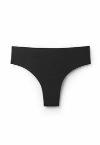 Svart stringtrosor gjorda av ett glatt, elastiskt tyg. Har en minimalistisk design med låg midja och sömlösa kanter.