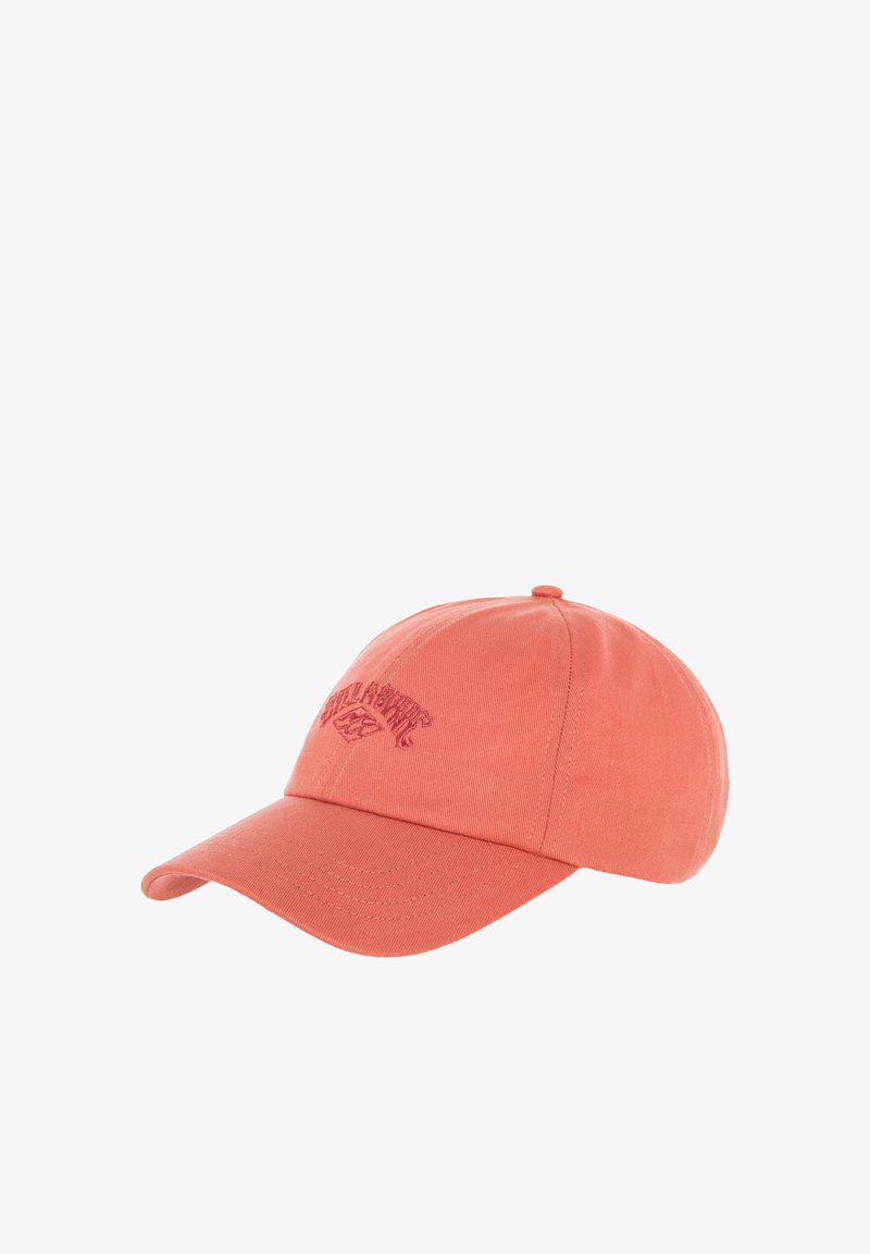 Coral cotton baseball cap with a structured crown, curved visor, and embroidered logo on front. Features a standard adjustable strap at the back.
