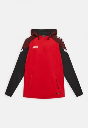 Red pullover hoodie with black sleeves and accents. Features a kangaroo pocket, drawstring hood, and shoulder pattern detailing.