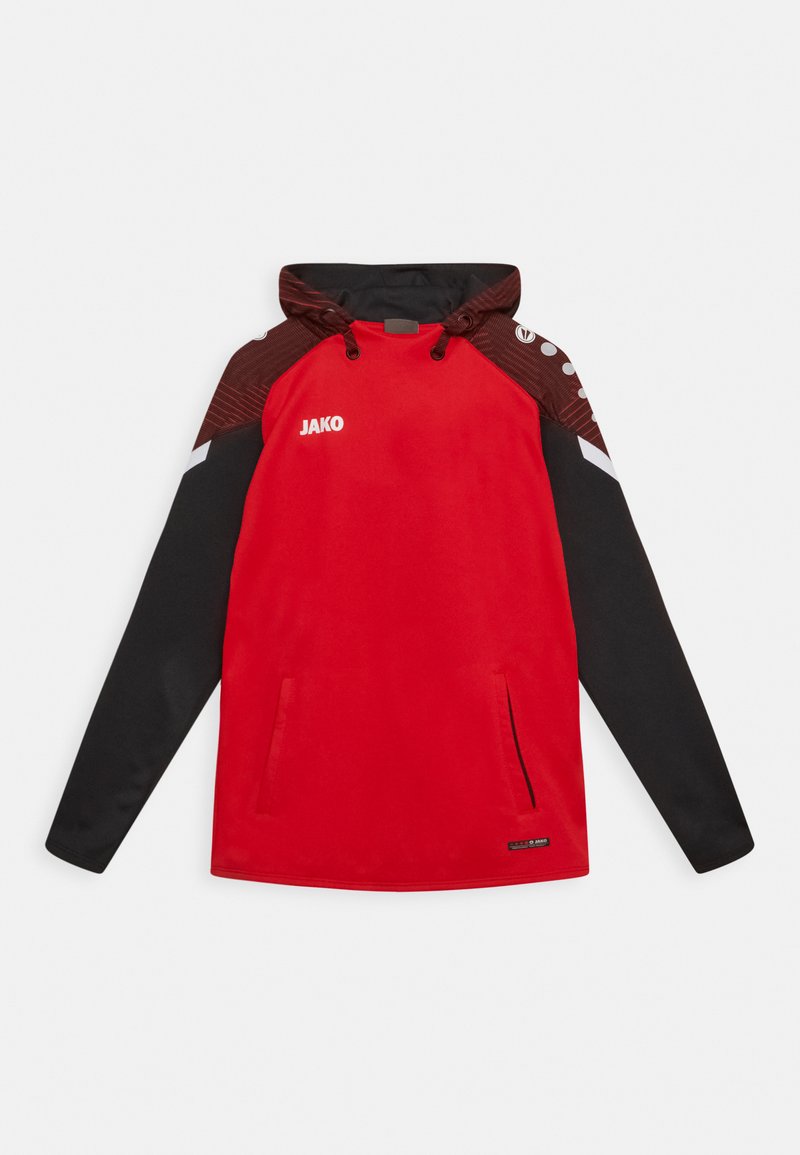 Roter Pullover-Hoodie mit schwarzen Ärmeln und Akzenten. Verfügt über eine Kängurutasche, eine Kapuze mit Kordelzug und detaillierte Schultermuster.