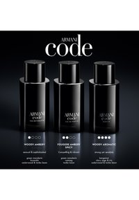 Tre svarte Armani Code parfymeflasker merket Eau de Toilette, Eau de Parfum og Parfum med duftbeskrivelser og nøkkelnoter under hver.