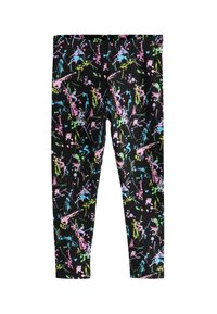 Schwarze Leggings mit buntem Farbspritzmuster in Pink, Blau, Grün und Gelb. Elastischer Bund, enganliegendes Design, glatte Stoffstruktur.