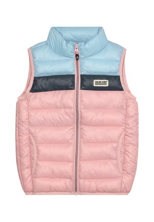 Gilet imbottito leggero con sezione superiore azzurro pastello, centrale blu navy e parte inferiore rosa, con cuciture orizzontali e chiusura a zip.
