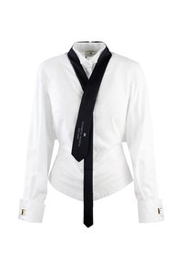 Camicia di cotone bianca con maniche lunghe, dotata di una cravatta in raso nero, dettagli in oro con le lettere E e F ai polsini, e una silhouette aderente.