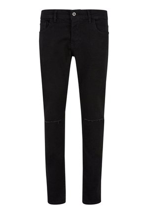 Mustad musta värvi denimpüksid slim-fit lõikega, millel on kulunud põlvikud. Kootud denimkangast, viie taskuga ja nupuga kinnitusega.