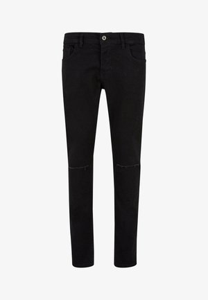 Mustad musta värvi denimpüksid slim-fit lõikega, millel on kulunud põlvikud. Kootud denimkangast, viie taskuga ja nupuga kinnitusega.