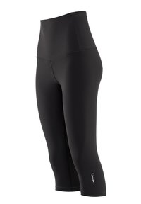 Schwarze, hochtaillierte Capri-Leggings aus dehnbarem Material. Verfügt über eine glatte Textur und ein kleines Logo nahe dem Knöchel.