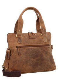 Borsa a tracolla in pelle marrone con manici doppi, tasca frontale con zip e tracolla regolabile. Superficie testurizzata con cuciture in evidenza.