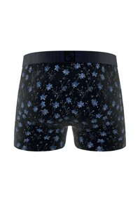Boxers pour hommes avec un fond sombre et un motif floral dans des nuances de bleu et de blanc. Ceinture élastique avec un détail de logo.