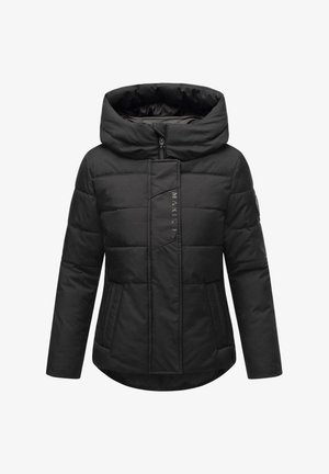 Svart polstret jakke med høy krage og hette. Har en glidelås foran, to sidelommer, og en logo detalj på forsiden. Glatt tekstur.