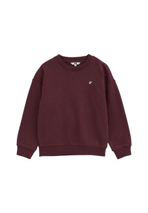 Vinrød crewneck sweatshirt med ribbet manchet og kant, med en lille hvid broderet fuglelogo på venstre bryst.
