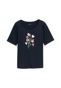 T-shirt à manches courtes bleu marine en tissu doux, avec un imprimé floral rose et blanc, accompagné de tiges vertes, centré sur le devant.