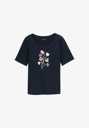Navy blue short-sleeve t-shirt made of soft fabric, featuring a floral print in pink and white with green stems centered on the front.