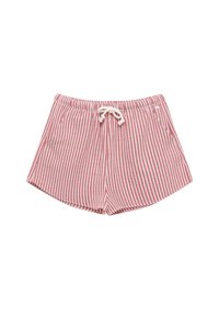 Rot-weiße gestreifte Shorts aus weichem Stoff, mit elastischem Bund und Zugband. Verfügt über Seitentaschen und eine lockere Passform.