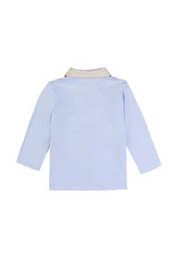 Camicia a maniche lunghe azzurro chiaro con colletto beige a contrasto. Presenta una texture morbida e un design semplice, adatta per un abbigliamento informale.